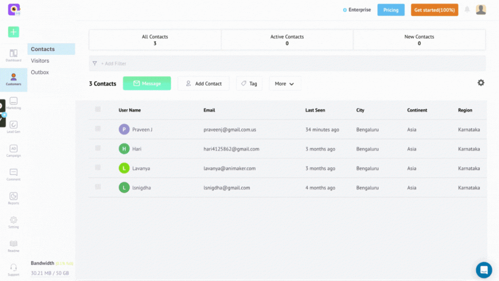 Show’s contacts’ dashboard.